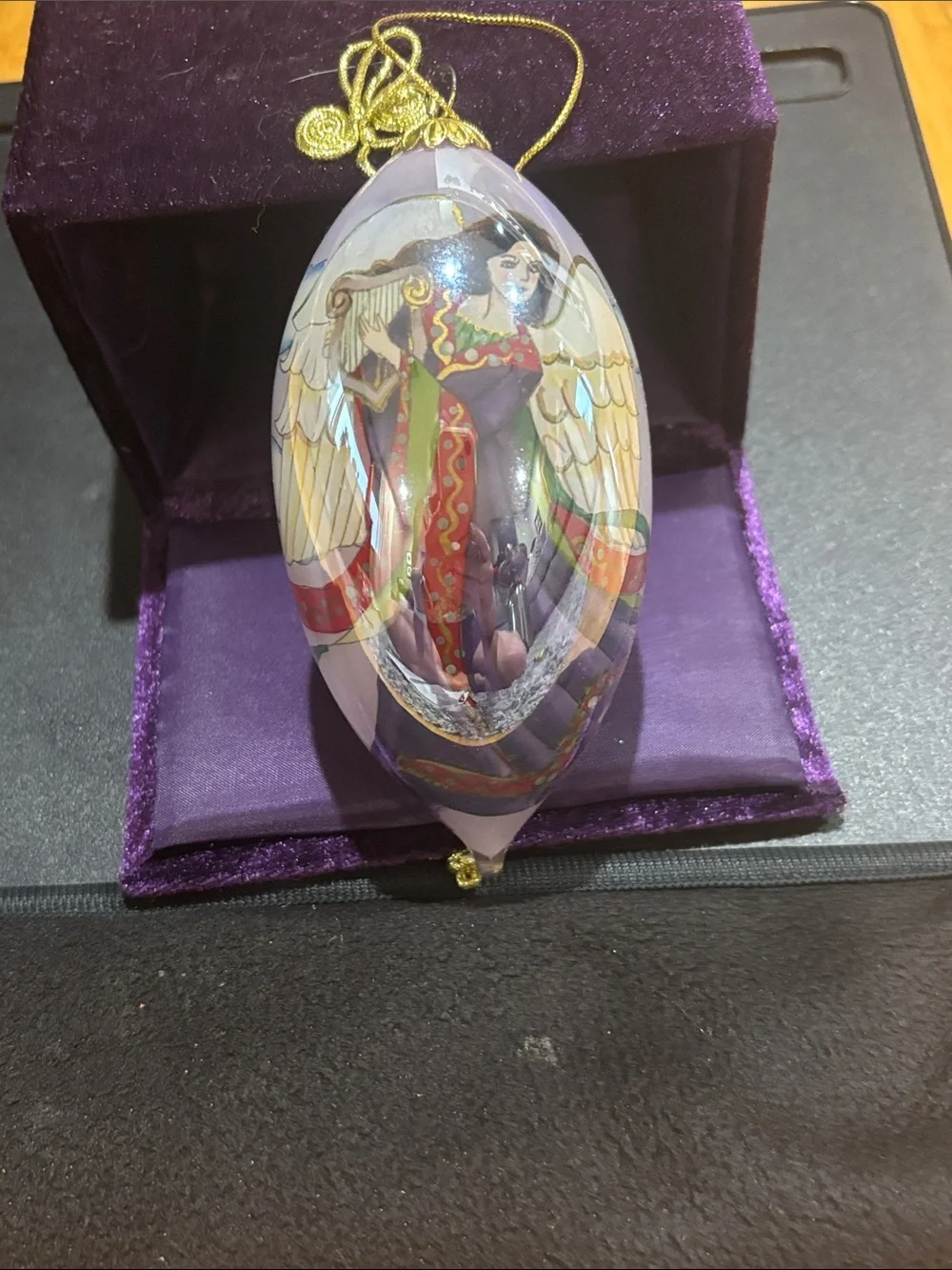 Pier 1 Purple and Gold Reverse Hand-Painted Angel with Harp Ornament